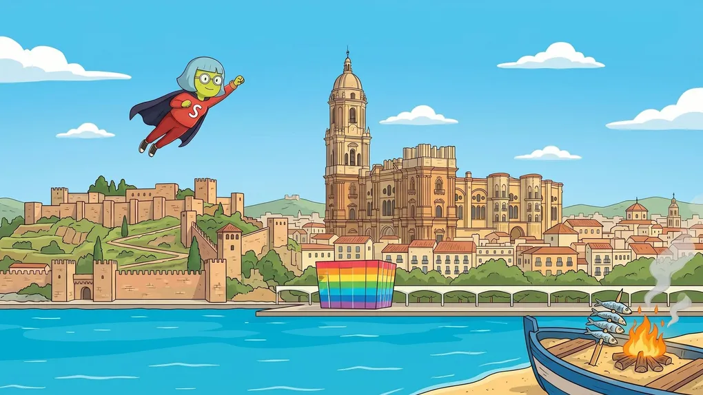 Mascota de Supervecina sobrevolando Málaga con La Manquita, la Alcazaba y un espeto de sardinas, administrador de fincas online en Málaga