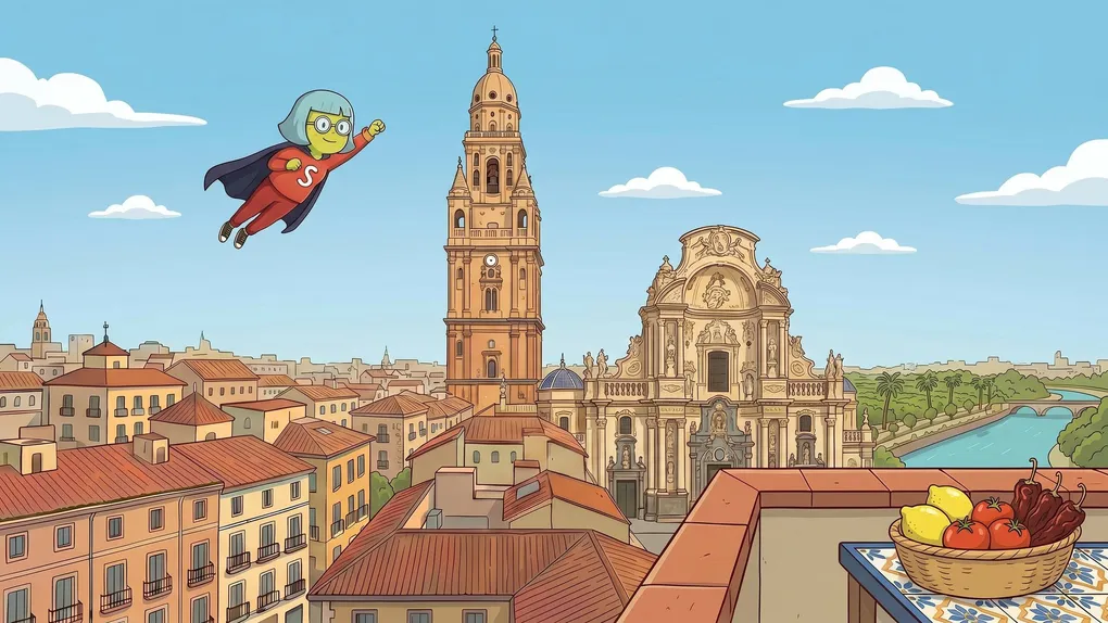 Mascota de Supervecina sobrevolando Murcia con la Catedral y una cesta de huerta murciana, administrador de fincas online en Murcia