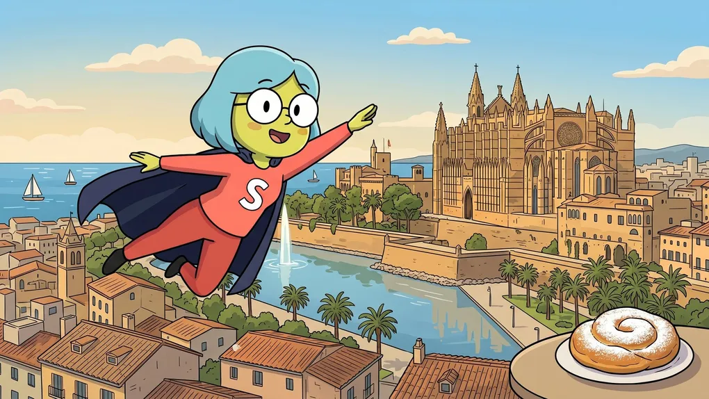 Mascota de Supervecina sobrevolando Palma de Mallorca, administrador de fincas online en Palma de Mallorca