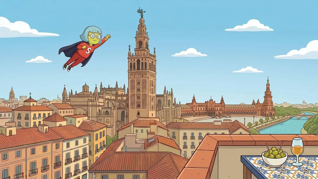Mascota de Supervecina sobrevolando Sevilla con La Giralda y una tapa de aceitunas y fino, administrador de fincas online en Sevilla