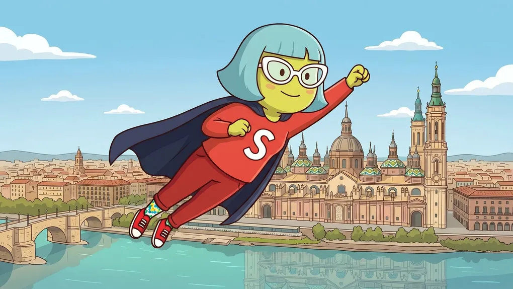 Mascota de Supervecina sobrevolando Zaragoza con detalle del mosaico del Pilar, administrador de fincas online en Zaragoza