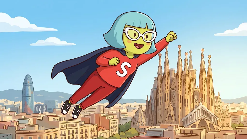 Mascota de Supervecina sobrevolando Barcelona, administrador de fincas online en Barcelona