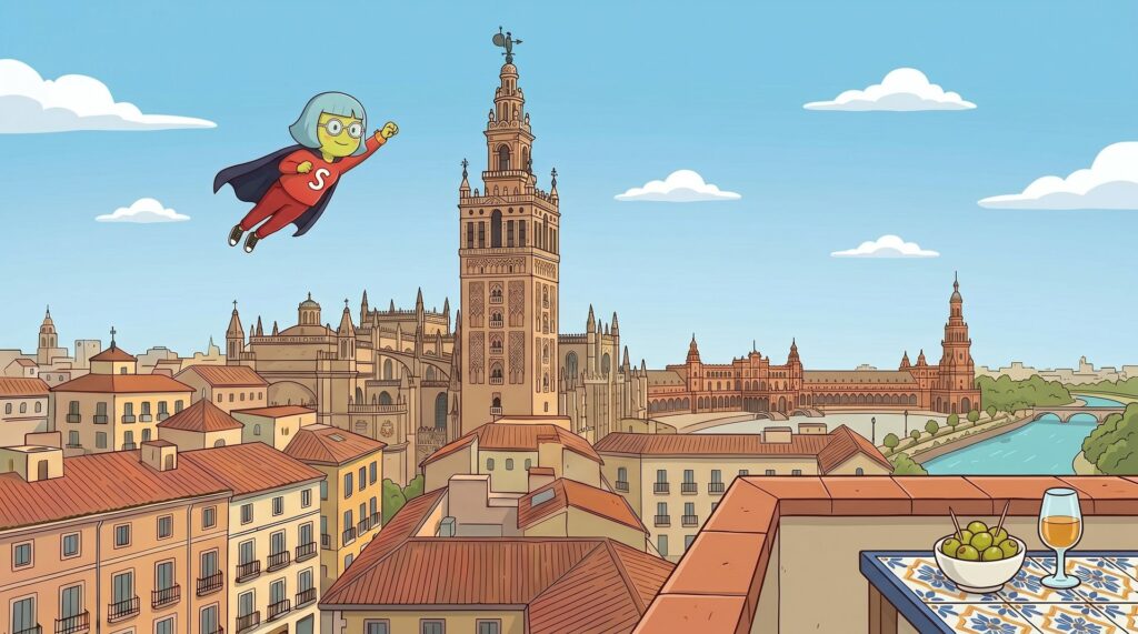 Mascota de Supervecina sobrevolando Sevilla con La Giralda y una tapa de aceitunas y fino — administrador de fincas online en Sevilla