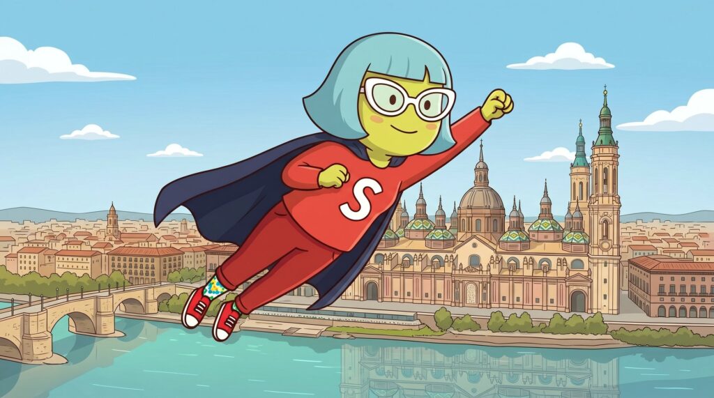 Mascota de Supervecina sobrevolando Zaragoza con detalle del mosaico del Pilar — administrador de fincas online en Zaragoza