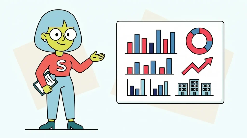Mascota de Supervecina presentando estadísticas de las comunidades de propietarios en España